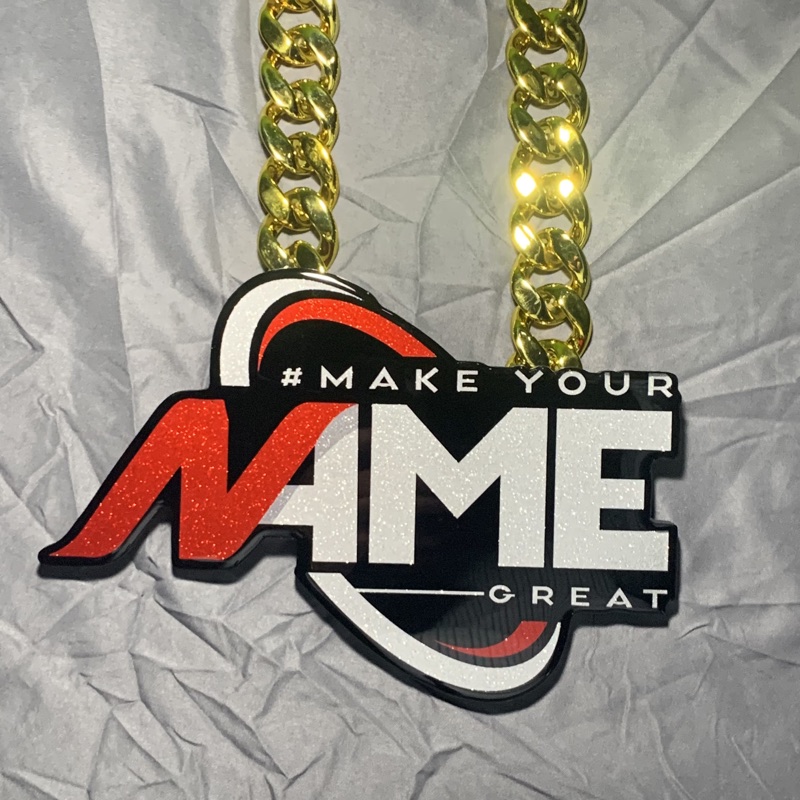 Make Your Name Great custom pendant on a gold chain