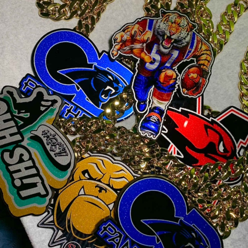 Collage of custom team pendants and chains